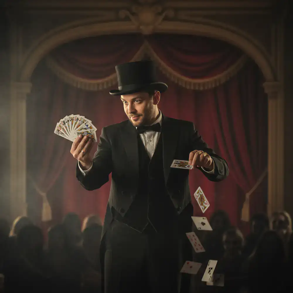 Mago haciendo un truco de ilusionismo con cartas