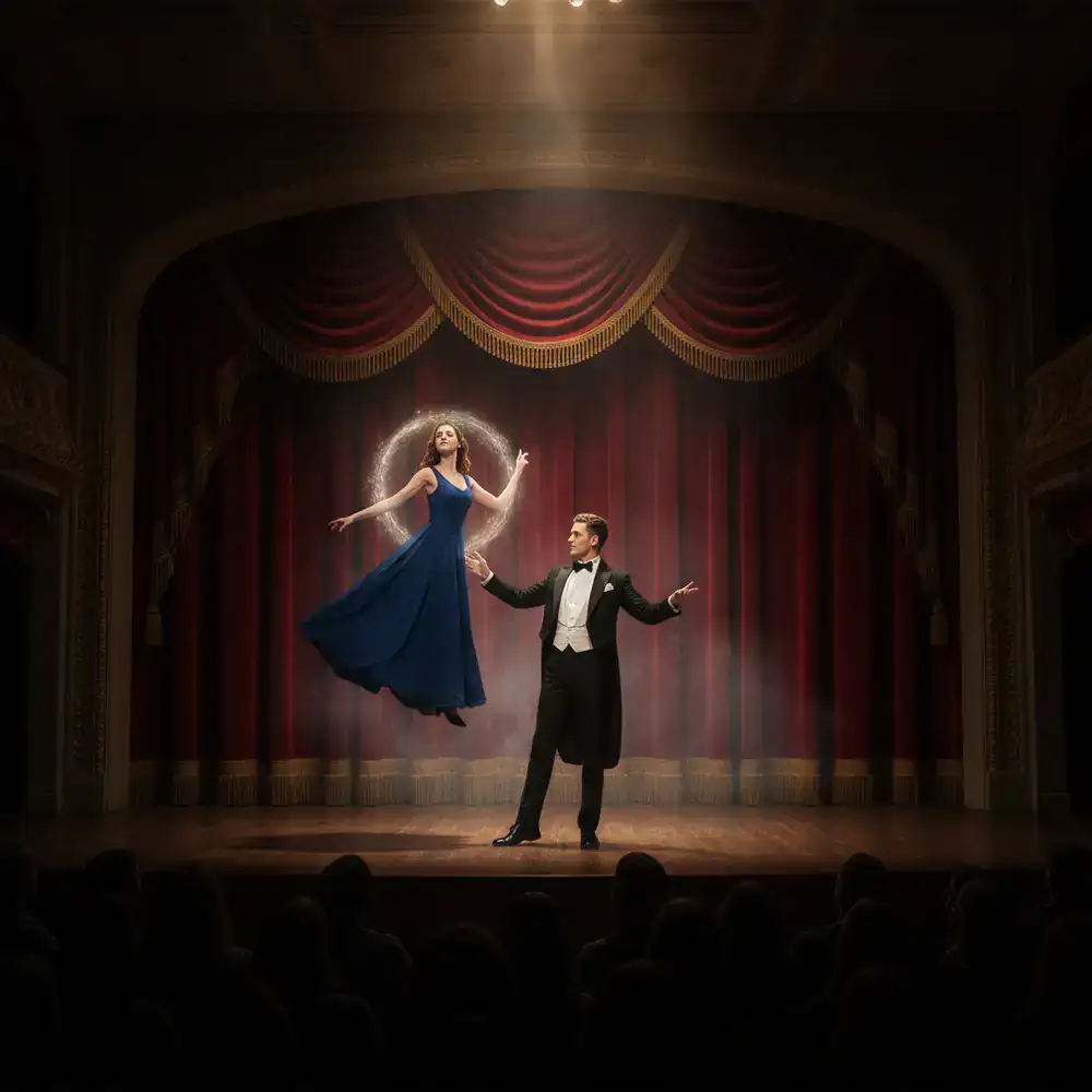 Ilusionista realizando un truco en el escenario