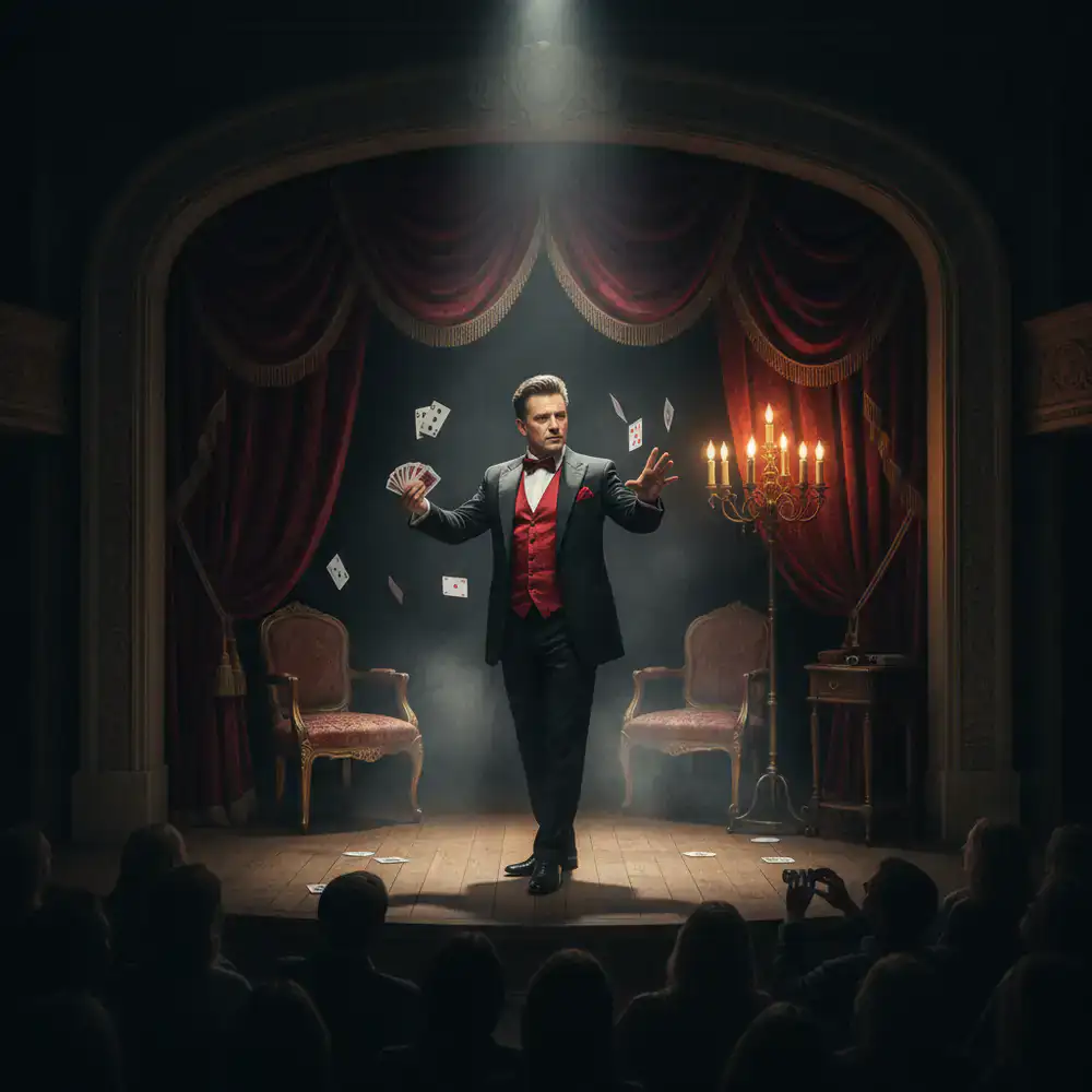 Mago realizando un truco de cartas en el escenario