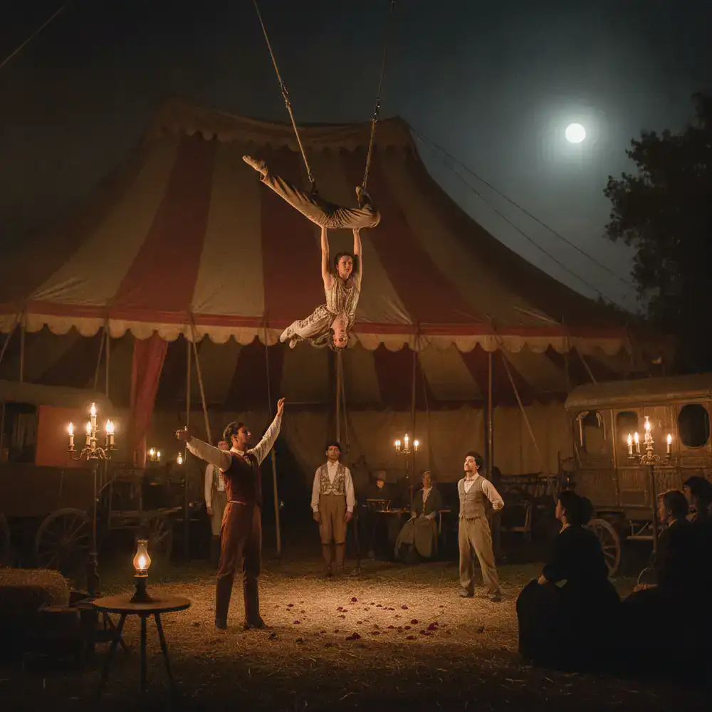 Carpa de circo y acróbatas antiguos