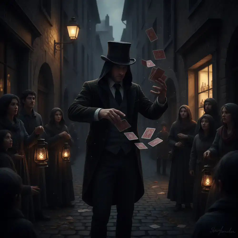 Mago haciendo trucos de cartas en la calle